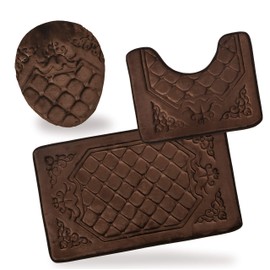 All American Collection 3PC Memory Foam Bath Mats Soft Plush Crown Design Anti-Slip Shower Bathroom Contour Toilet Lid Cover Rugs (Brown)