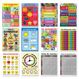 Spanish English Bilingual Numbers, Colors, Days of The Week, Months Educational Posters (12-Pack) - Fun Activities Stocking Stuffers – Teaching Set – Supplementary Homeschooling Aid