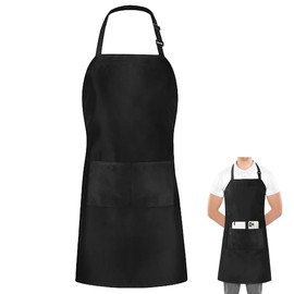 Luoqun88 Adjustable Black Bib Apron with 2 Pockets, Professional Cooking Kitchen Chef Women Men Aprons with Long Ties for Home Kitchen, Restaurant, Baking Gardening BBQ- Black