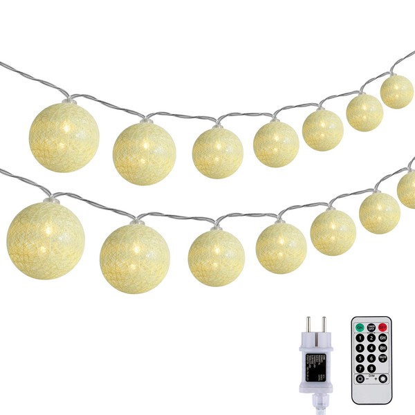 DeepDream Cotton Ball Fairy Lights LED Ball Fairy Lights with Remote Control and 8 Light Modes Dimmable Indoor Fairy Lights for Room, Balcony, Wedding, Party