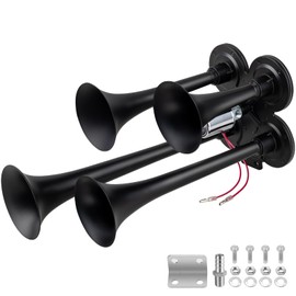 BANHAO Truck Air Horn 4 Trumpet Horns Train Horn Kit for Truck 12/24V 180 dB Super Loud for Pickup Motorhome SUV Train Boat (4-Trumpet Black 12/24V)