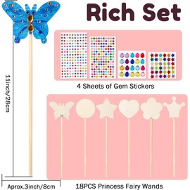 Pllieay Princess Fairy Wands Kit Include 18 Pieces 6 Styles Unfinished Wooden Princess Wand and 4 Gem Stickers Princess Art Magical Show for Party Supplies
