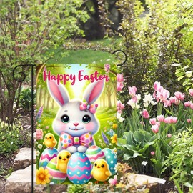 BlissYard Happy Easter Garden Flag Cute Bunny Yard Flags Double Sided for Outside Patio Lawn Colorful Flower Egg Chick Yard Decorations Easter Outdoor Garden Spring Décor 12x18 Inch