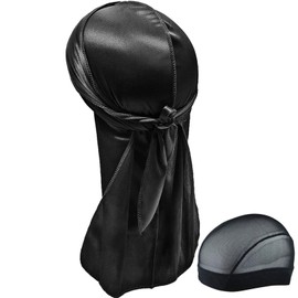 Hairizone Silky Durag Headwrap Doo Men's Rags Waves (Black + 1 Hood), Black, Large