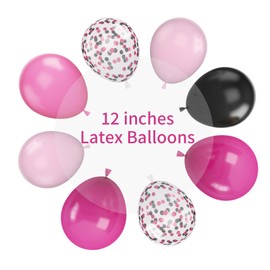 Pink and Black Balloons, 12 Inch Hot Pink Black Balloons Set with Black Pink Confetti Balloons, Pastel Pink Light Pink Black Balloons for Girl Birthday Party Wedding Decorations