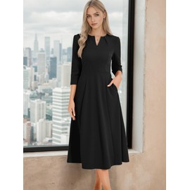 Allegra K Women's 3/4 Sleeve Dresses V Neck Elegant A-Line Work Business Formal Midi Dress with Pockets Small Black