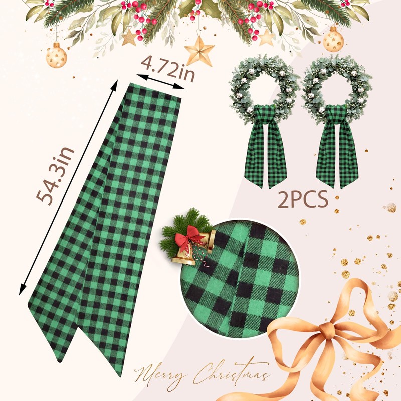 2 Pieces Christmas Wreath Sash for Front Door, Birthday Green