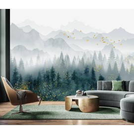 YQWDMX - Foggy Pine Tree Forest Wallpaper and Gold Mural for Bedroom (Not Peel and Stick)