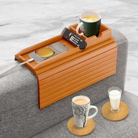 Couch Cup Holder with 2 Cork Coasters | Couch Caddy with Detachable Couch Cup Holder Tray | Anti-Slip Foldable Sofa Table Tray - Cup Holder Tray for Drinks Cup Cellphone Remote Snacks (Mahogany)