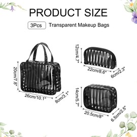 PATIKIL 3 Pcs Clear Makeup Cosmetic Bag, Transparent PVC Travel Toiletry Bag Waterproof Vinyl Organizer Makeup Pouch with Zipper and Handle Strap for Women Men Airport Airline, Black