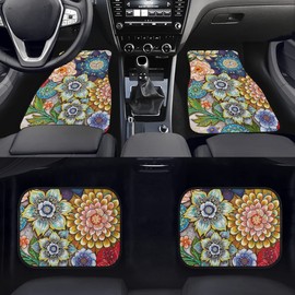 TOADDMOS Decorative Boho Floral Print Car Floor Mats Front & Rear Liners Set,Universal Fit Auto Carpet Floor Mats Set of 4 for Women Girls