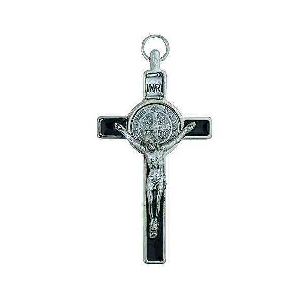 St. Benedict Crucifix with Round St. Benedict Medal Inlay | 3" Silver-Tone and Black Enamel Cross with Cord and Booklet | Patron Saint of Students and Europe | Made in Italy