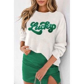 LEMAFER Women's 2024 St. Patrick's Day Sweater Green Sequin Lucky Letter Round Neck Casual Long Sleeve Sweatshirt Pullover Tops