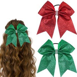 2 Pcs Christmas Cheer Hair Bows Large Glitter Bow Hair tie Green Red Cheer Bow Ties Elastic Hair Tie Ponytail Holder Cheerleading Hair Band Christmas Hair Accessory for Women Girls