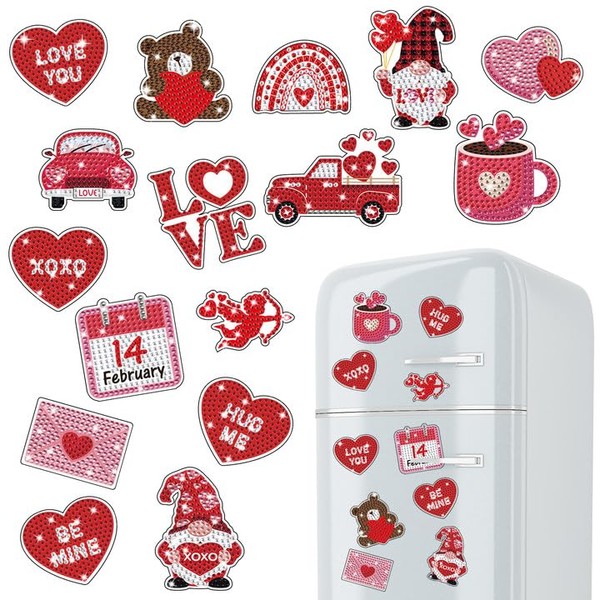 16 Pcs Valentine’s Day Diamond Painting Magnets Valentine Refrigerator Magnets Stickers Gnome Heart Cup Bear Shape Holiday Diamond Art Valentine DIY Craft Kits for Kids Adults
