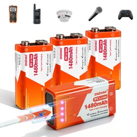 OHZHAO 4 Pack Upgrade 1480mAh Rechargeable 9V Batteries, Long Lasting 9V Battery with LED Display, USB-C Recharge with Charging Cable for Smoke Alarms,Multimeters,Microphones,Walkie-Talkie,Toys
