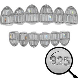 Solid 925 Sterling Silver Real Baguette Grillz - Iced Baguette CZ - Custom Top & Bottom Grills For Teeth - Real Solid Silver Fronts Don't Change Color
