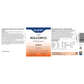 Quest Mega Vitamin B Complex Tablets. High Strength Vitamin B1-B2-B3-B6-B12, Biotin & C Supports Energy Production, Stress Response, Immune System & Brain Function. 2 Month Supply. (60 Capsules)