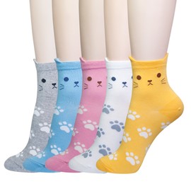 KONY Women's Girls Cute Cat Designed Funny Novelty Socks, Cat Paw Printed Cotton Casual Socks, Size 6-9 Gifts for Cat Lovers (Cat with Ears - 5 Pairs)