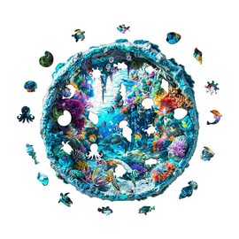 Jigfoxy Wooden Puzzle for Adults, 3D Visual Ocean Wooden Jigsaw Puzzles for Adult, Unique Animal Shape Wood Cut Puzzles, Christmas Thanksgiving Gifts for Friends Family (L-13.4 * 13.4in-300pcs)