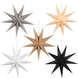 SUNBEAUTY Set of 5 Paper Stars Brown 30 cm Grey Folding Star Christmas Decoration Black 9 Points White Folding Stars Party Decoration for Christmas Decoration Wedding Birthday Table Decoration