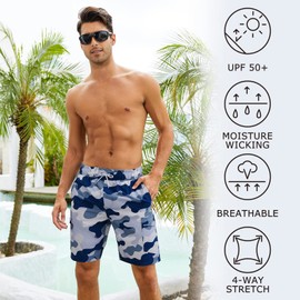 Wildbreath Men's 9" Swim Trunks UPF 50+ Quick Dry Beach Board Shorts with Mesh Lining Lightweight Bathing Suits, Blue Camo, Large