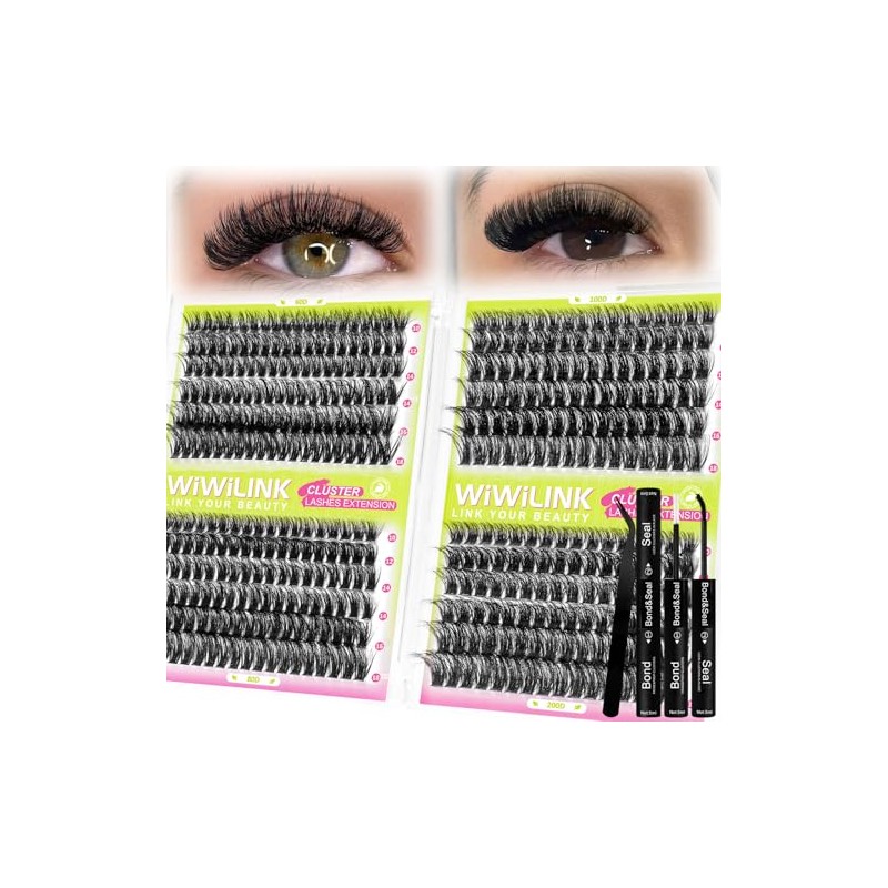 WiWiLINK Lash Clusters Kit 60D+80D+100D+200D Individual Lashes 424PCS D Curl
