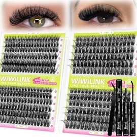 WiWiLINK Lash Clusters Kit 60D+80D+100D+200D Individual Lashes 424PCS D Curl 10-18mm Volume Cluster Eyelash Extensions Kit with Lash Bond & Seal and Applicator for DIY Eyelashes Extension Beginners