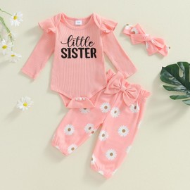 baorji Newborn Baby Girl Fall Outfit Little Sister Long Sleeve Romper Daisy Pattern Pants Headband Set 3Pcs Clothes (Pink, 9-12 Months)