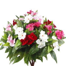 FAICOIA 4 Pcs Artificial Impatiens Flowers for Outdoors Faux Impatiens Bushes Multicolor Silk Flowers Greenery Artificial Impatiens Bouquet for Patio Lawn Garden Pot Hanging Basket Porch Decoration