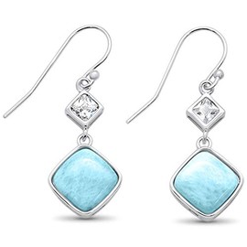 Square Natural Larimar And Cubic Zirconia Drop Dangle Earrings Sterling Silver