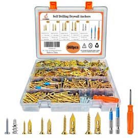 560pcs Self-Drywall Drilling Anchors with Screws, 5 Different Expansion Sizes Screw Set, Zinc Plated Steel Dry Wall Screws no Drilling Required, Easy to Install
