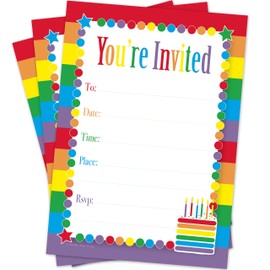 Kids Rainbow Cake Birthday Party Invitations for Girls (20 Count with Envelopes) - Rainbow Party Supplies - Kids Fill in The Blank Invites