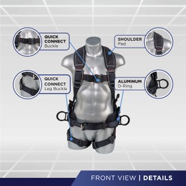 Palmer Safety Fall Protection Safety Harness, Padded Back Support, Quick-Connect Buckle, Grommet Legs, Aluminum Back&Side D-Rings (Jet Black - LG)