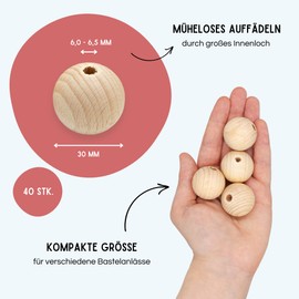 EV® Wooden Balls with Hole - 40 Pieces 30 mm Diameter - Made in Austria - Large Wooden Beads with 6 mm Bore, Turned Made of High-Quality Beech Wood