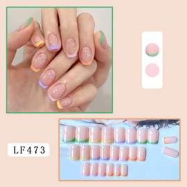 24 Pcs False Nails Short - Square Press on Nails French Pattern - Fake Nails Short with Nail Glue - Full Cover Acrylic Stick on Nails for Women and Girls - Beautiful Colorful Frech Style