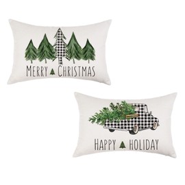 ONWAY Merry Christmas Buffalo Plaid Truck Trees Pillow Covers 12x20 Set of 2 Lumbar Seasonal Winter Happy Holiday Farmhouse Cushion Case for Home Couch Decor