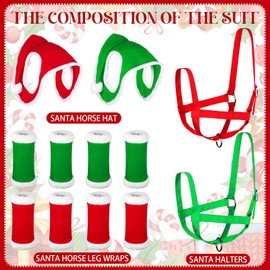 HCEWSBFD 12 Pcs Christmas Horse Tack Set Christmas Horse Costume Accessories with Holiday Xmas Hats Horse Leg Wraps Adjustable Horse Halters for Holiday Decor Party Parades Supplies (Red & Green)