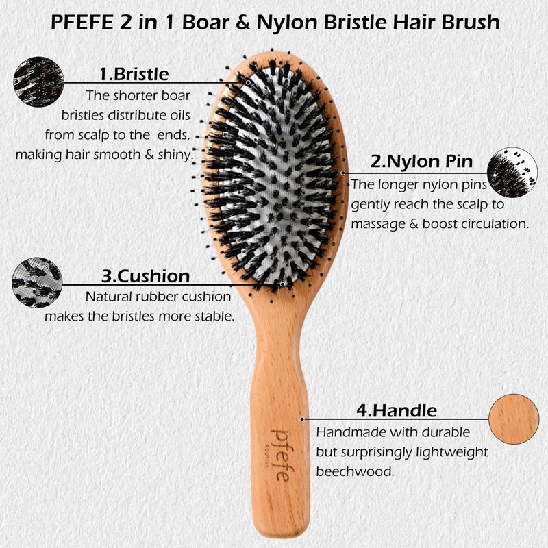 Boar Bristle Hair Brush - Natural Beechwood Detangling Brush |