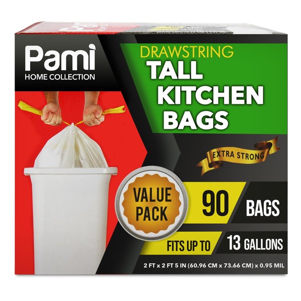PAMI Tall 13-Gallon Kitchen Drawstring Trash Bags [90-Pack, White] - Extra-Strong Plastic Garbage Bags- Thick Trash Can Liners For Kitchen, Bathroom & Outdoor Bins- 2ft x2ft Unscented Trash Bags