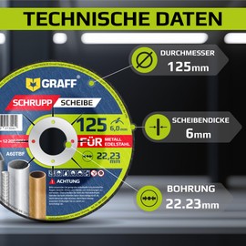 Grinding Discs 125 Metal and Stainless Steel - Grinding Wheels for Angle Grinder and Flex 22.23 mm Bore - Flex Discs 125 Metal GRAFF Pack of 5