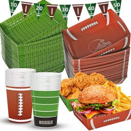 KaKan Football Party Decorations, 101PCS Superbowl Party Decorations 2025, 50PCS Football Paper Food Trays 5lb Large Boats, 50PCS Paper Cups for Football Party Birthday Decorations
