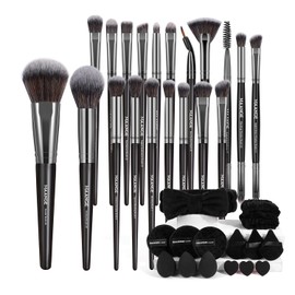 MAANGE 35Pcs Set de Brochas para Maquillaje Incluir 20Pcs Brochas Maquillaje 12Pcs Esponjas para Polvos y 3Pcs Diadema para el Cabello Juego de Brochas para Viajes y Uso Diario(Plata negra, 35 Pcs Set)