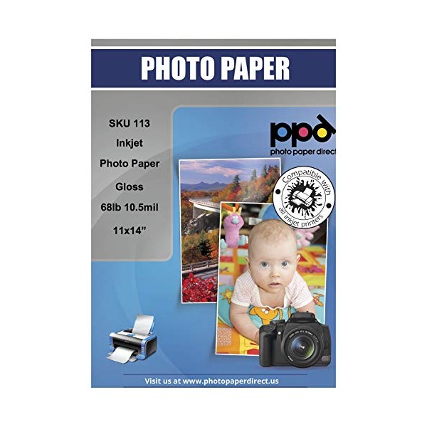 PPD 50 Sheets Inkjet Super Premium Glossy Photo Paper 11x14 68lbs 255gsm 10.5mil Microporous Professional Photographer Grade Instant Dry Fade and Water Resistant (PPD-113-50)