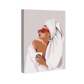Wynwood Studio Fashion and Glam Contemporary Wrapped Canvas Art - Her Morning Coffee Routine, Wall Art for Living Room, Bedroom, and Bathroom, 24 in x 36 in, White and Red Home Decor