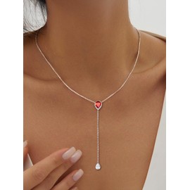 Silvora Necklace S925 Silver Y Chain with Birthstone Pendant Adjustable Teardrop Shaped Cubic Zirconia Birthstone Necklace Twelve Month Necklace Made of Synthetic Stone in Silver with 41 cm + 5 cm