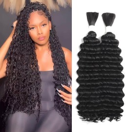XACIPUZ Human Braiding Hair 2 Bundles 160g 24 Inch for Bohemian Braids Deep Wave Bulk Freetress Human Hair for Braiding No Weft Hair Extensions for Boho Knotless Braids(1B)
