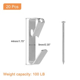 sourcing map 20Pcs Photo Frames Hanger Hooks, 100 Lb Frame Hooks with Nails Metal Wall Mount Album Picture Hanging Clips for Hanging, Clocks on The Wall, Silver
