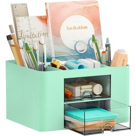 Drawer Organizers, 4 sections & 2 drawers Pen Holder for Desktop Storage, Desk Organizer, Plastic Makeup Organizer, Desk Organization for School, Home, Office Supplies (Mint Green)