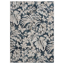 Area Rug 5'x7' Botanical Floral Leaf Printed Accent Carpet with Non-Slip Backing, Stain-Resistant Indoor Carpet for Living Room, Bedroom, Kitchen, Blue